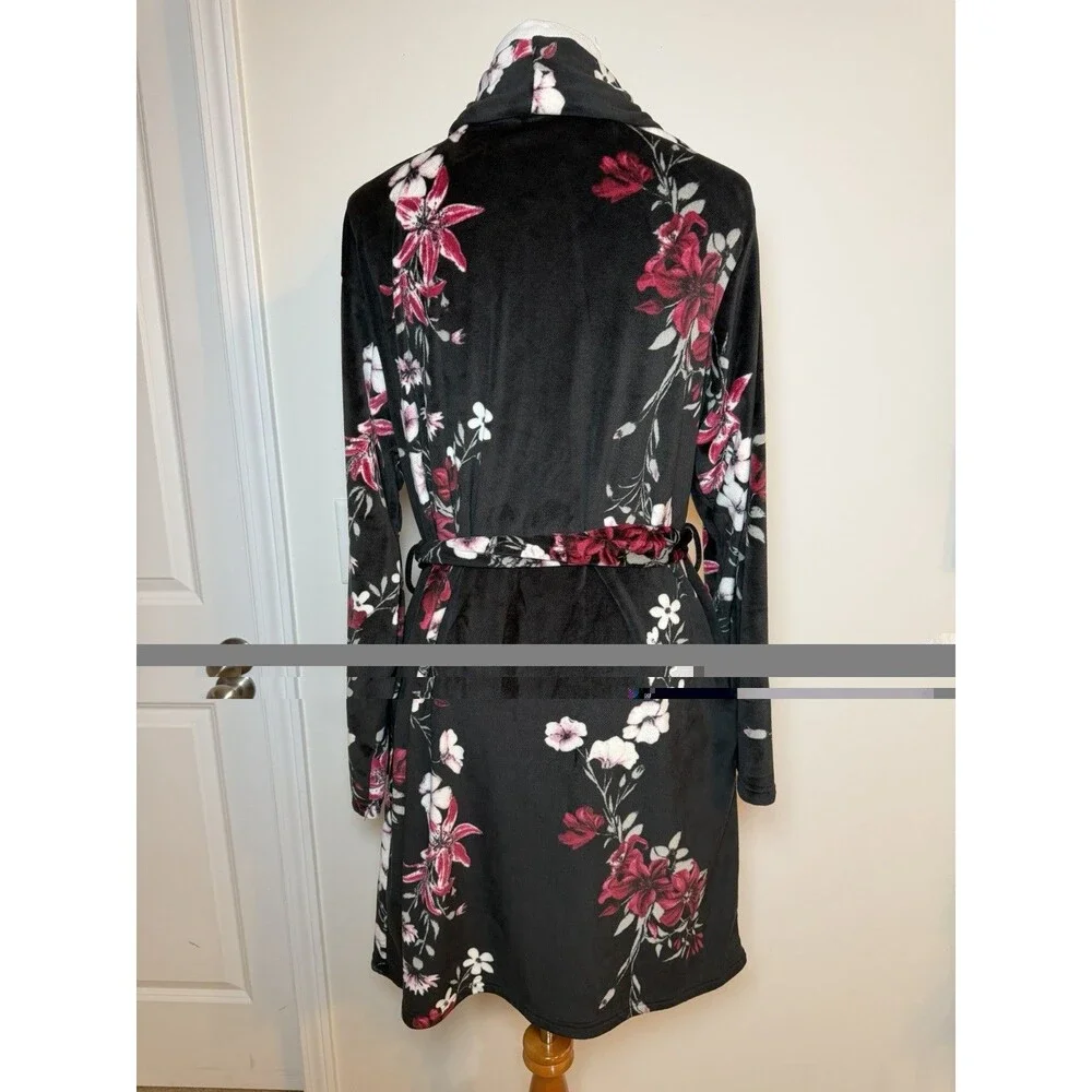 Nanette Lepore Floral Plush Bath Robe Women’s Large Black Pink